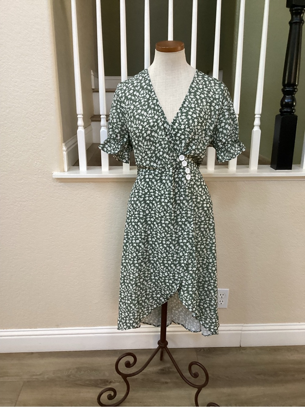 Shein Green Floral Wrap Dress with Button Detail